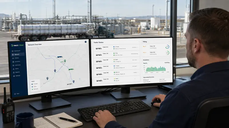 A dispatcher at two monitors watches trailer status beside a hydrogen plant